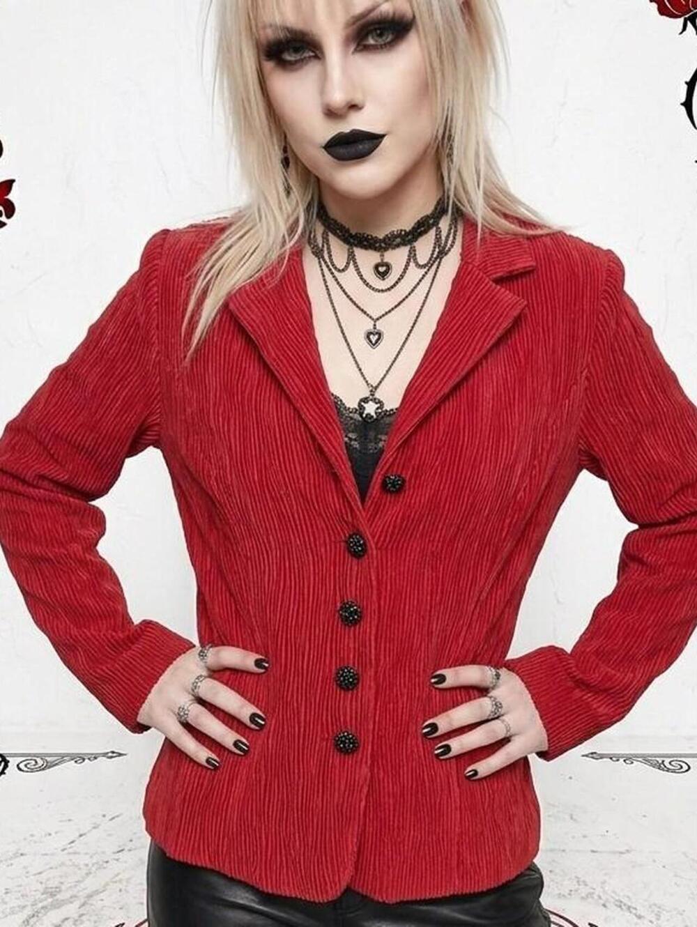 Jackie Jon Red corduroy blazer black rhinestones buttons and a classic collar.